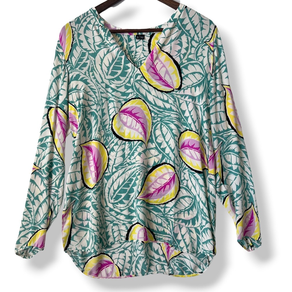Theory 100% Silk Blouse M Georgette Teal Pink Yellow Tropical Leaf Resort Luxury